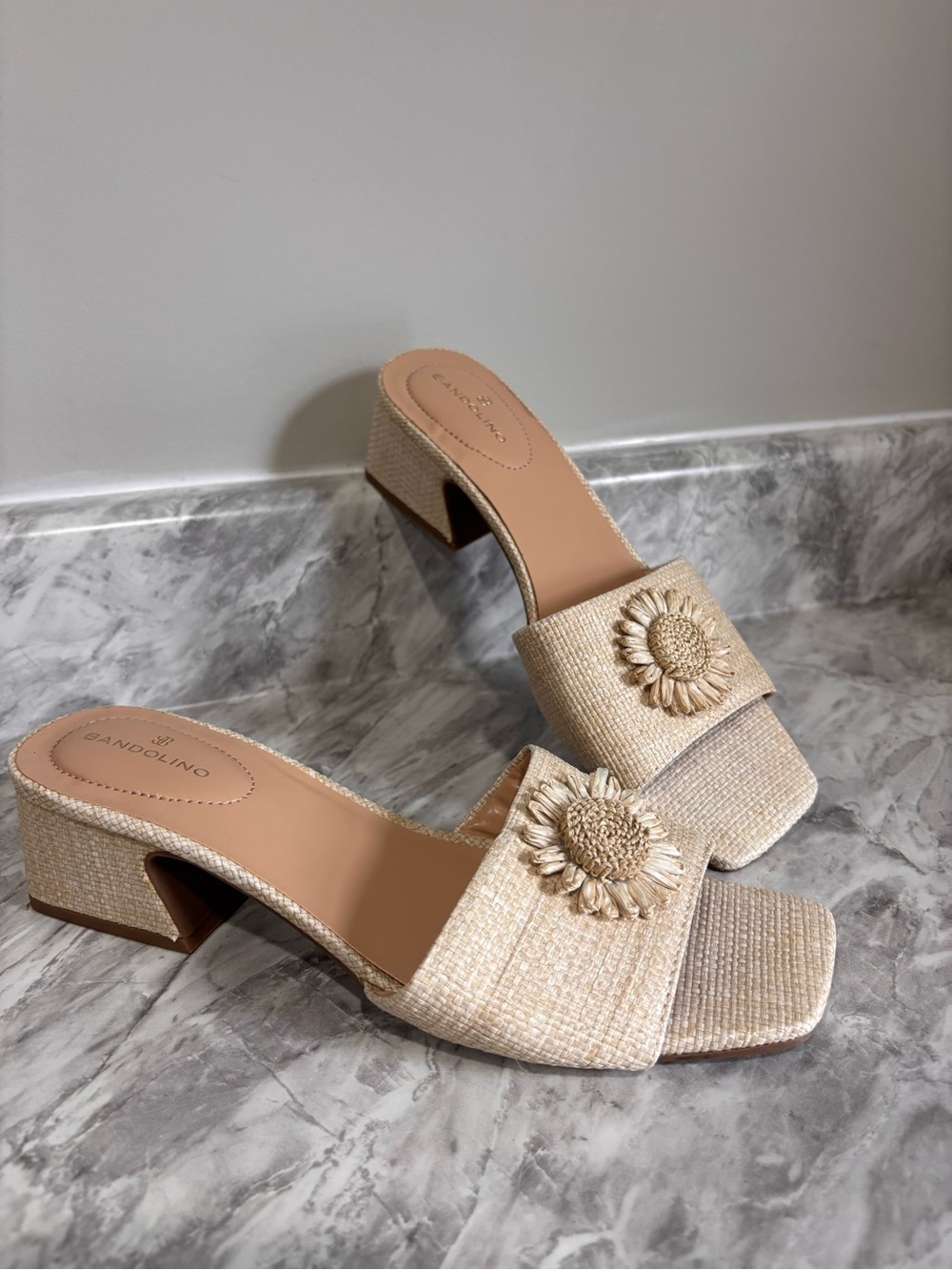 Bandolino Neutral Raffia Block Heel Slide with Sunflower Appliqué